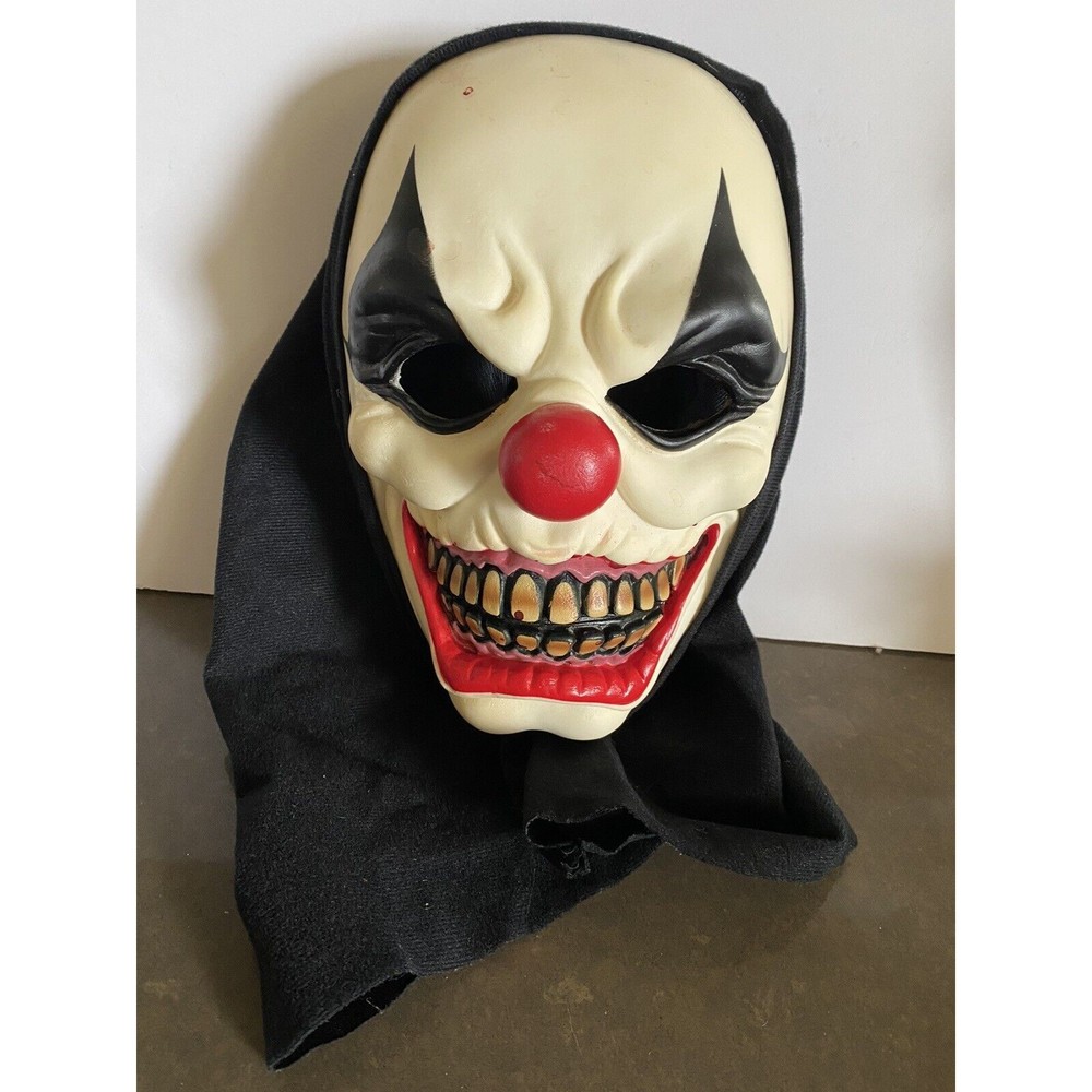 Spirit Halloween Mask Deranged Scary Clown with Black Hood Horror Cosplay Foam